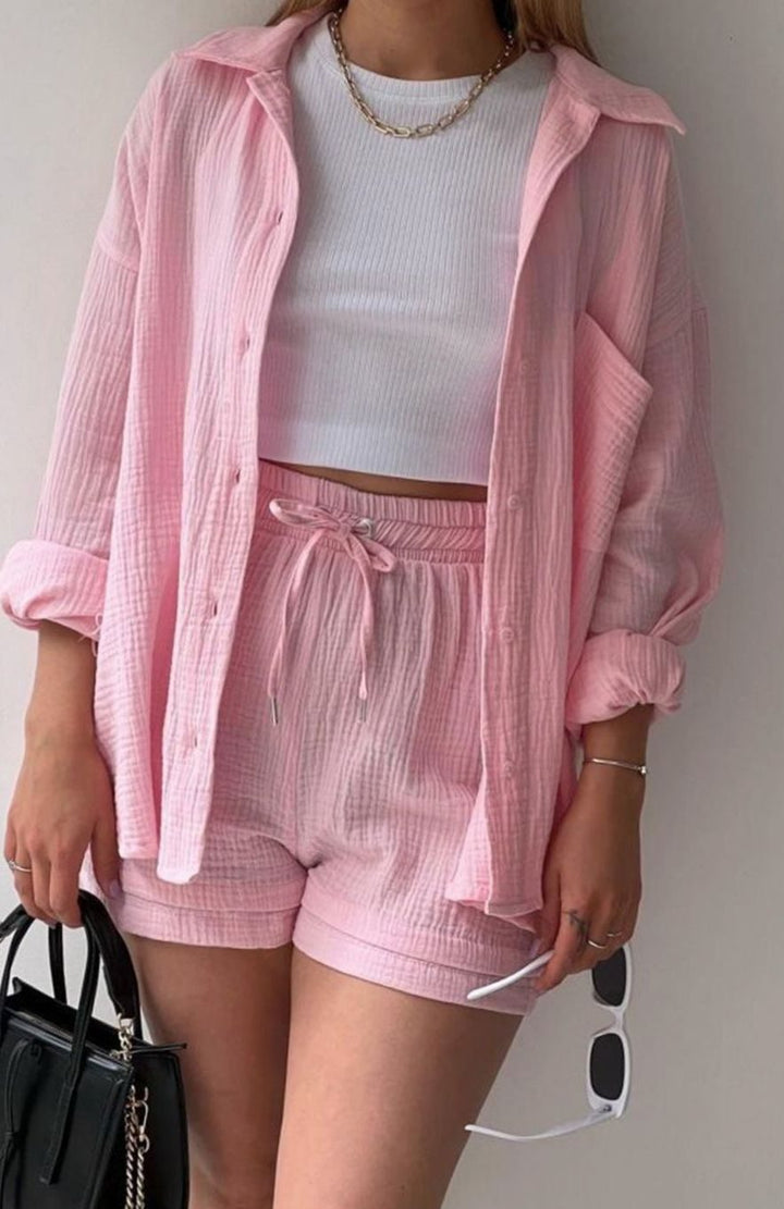 Women's Relaxed-Fit Button-Down Shirt and Shorts Set - Pink