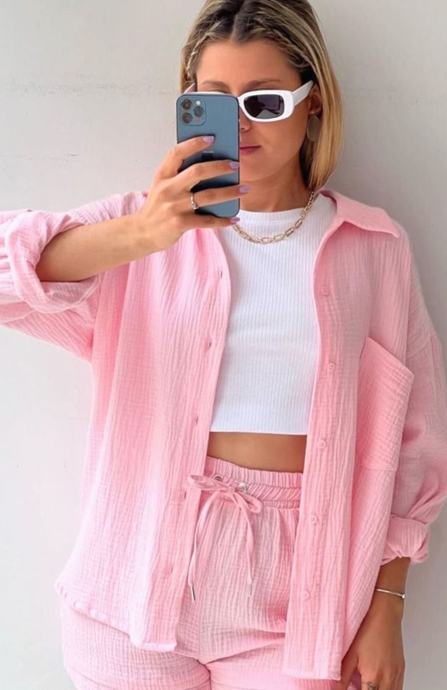 Women's Relaxed-Fit Button-Down Shirt and Shorts Set - Pink