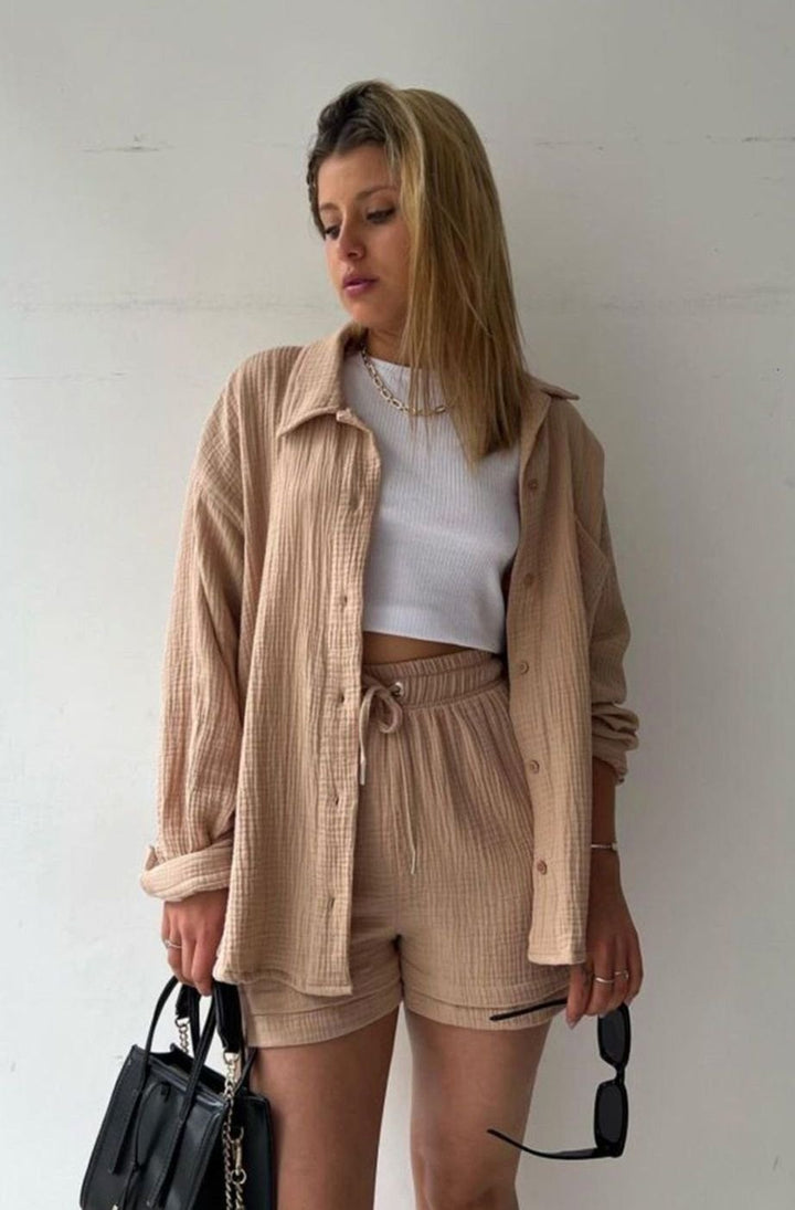 Women's Relaxed-Fit Button-Down Shirt and Shorts Set - Khaki