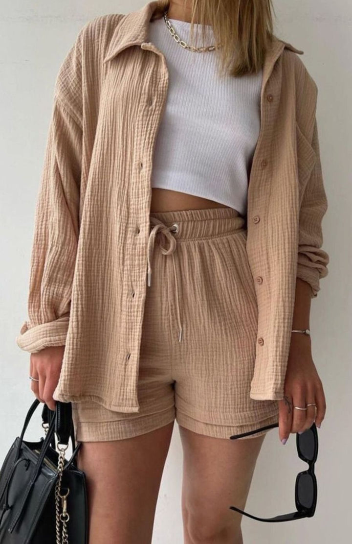 Women's Relaxed-Fit Button-Down Shirt and Shorts Set - Khaki