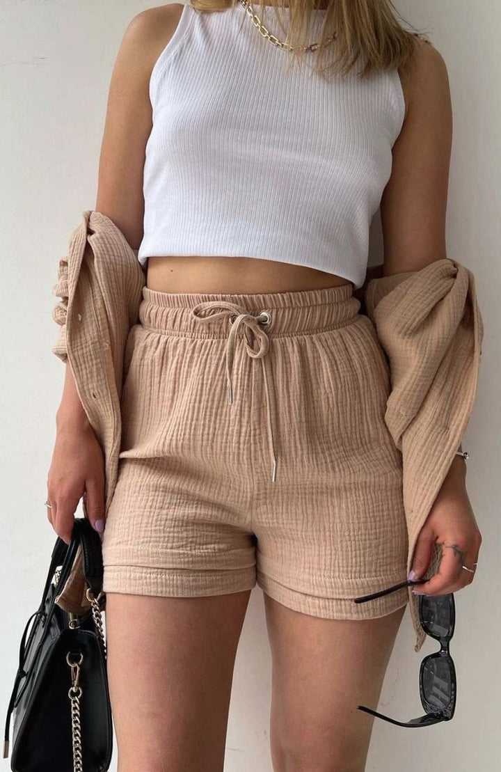 Women's Relaxed-Fit Button-Down Shirt and Shorts Set - Khaki