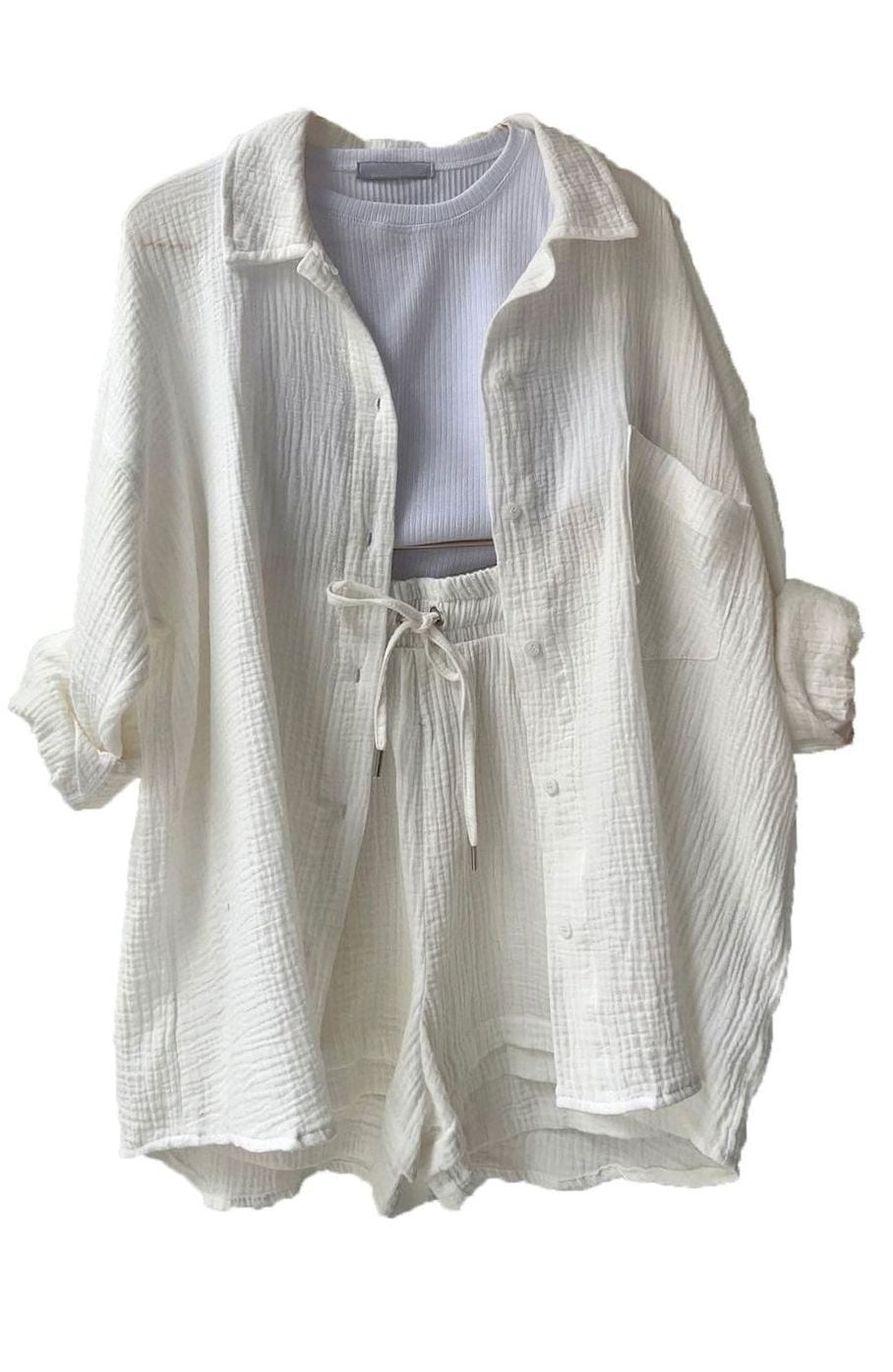Women's Relaxed-Fit Button-Down Shirt and Shorts Set - White