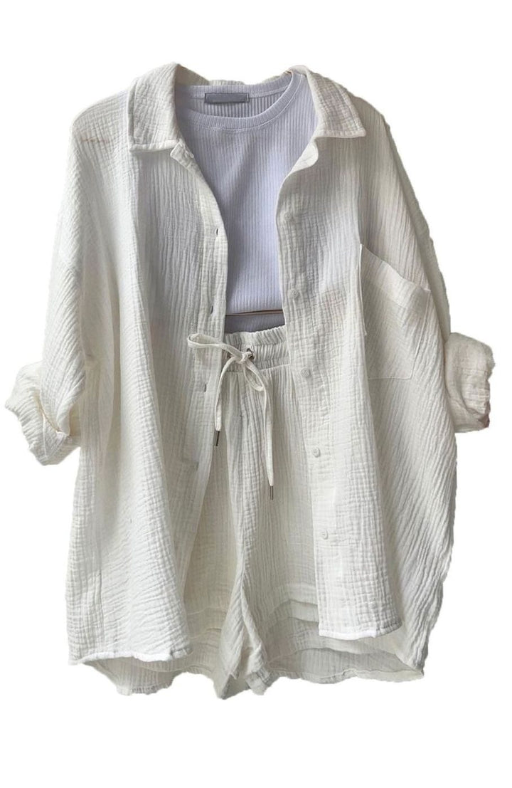 Women's Relaxed-Fit Button-Down Shirt and Shorts Set - White