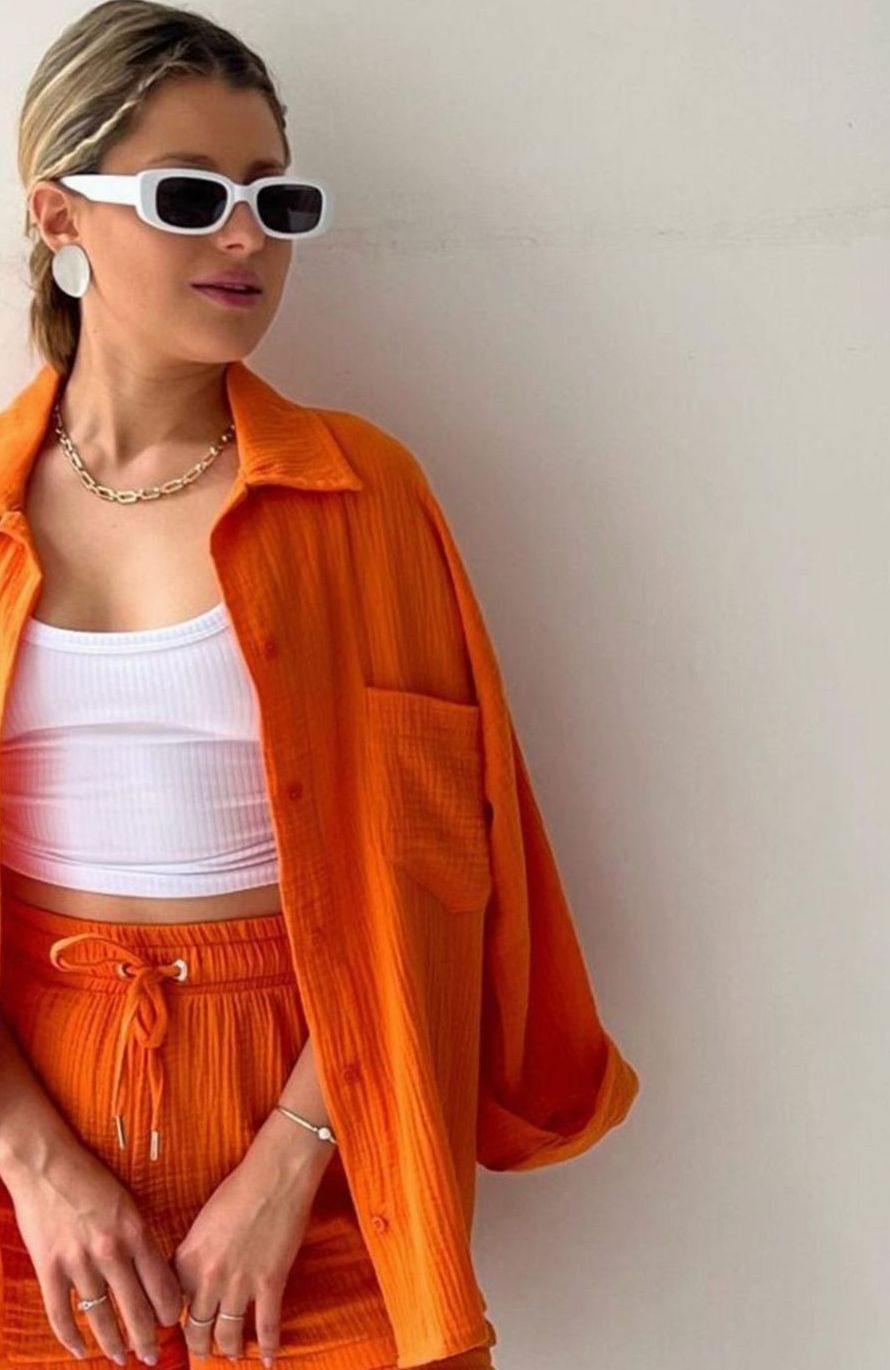 Women's Relaxed-Fit Button-Down Shirt and Shorts Set - Orange