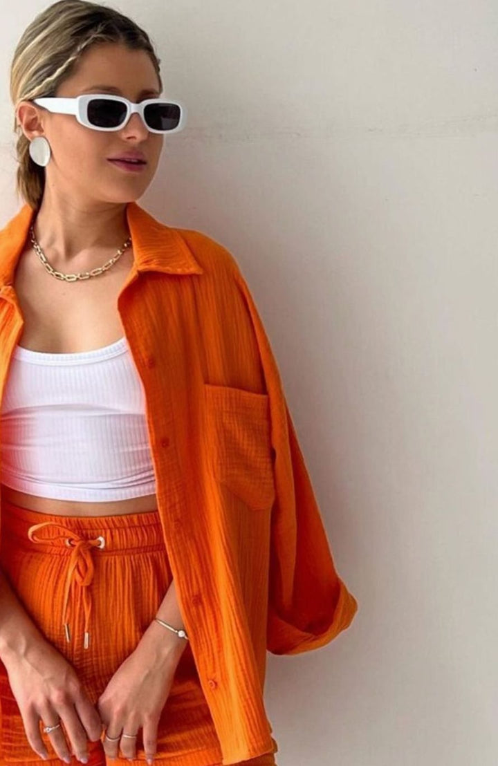 Women's Relaxed-Fit Button-Down Shirt and Shorts Set - Orange