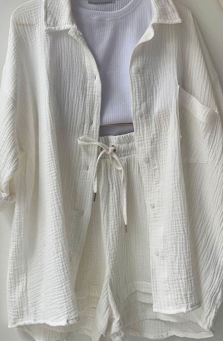Women's Relaxed-Fit Button-Down Shirt and Shorts Set - White