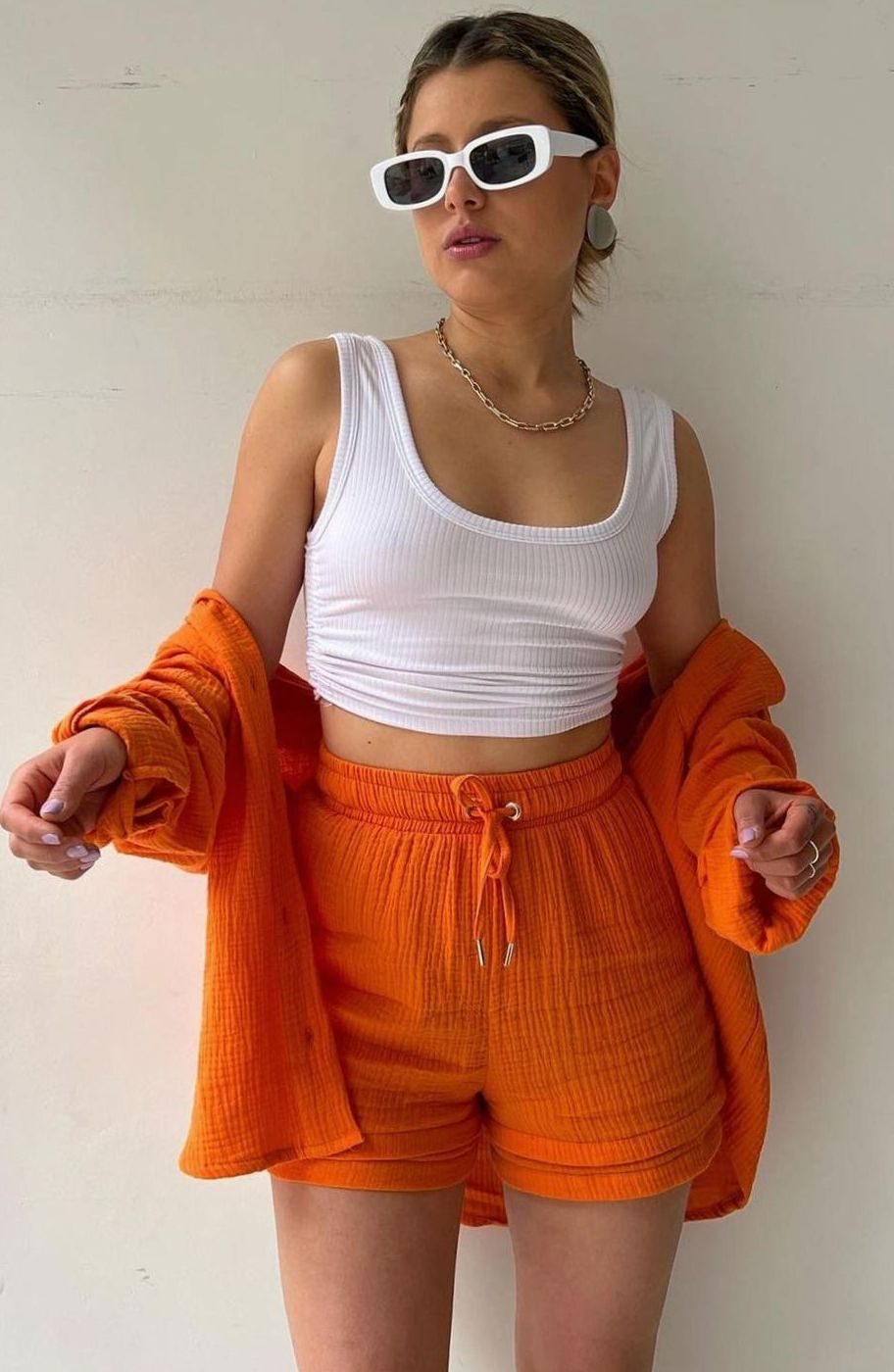 Women's Relaxed-Fit Button-Down Shirt and Shorts Set - Orange