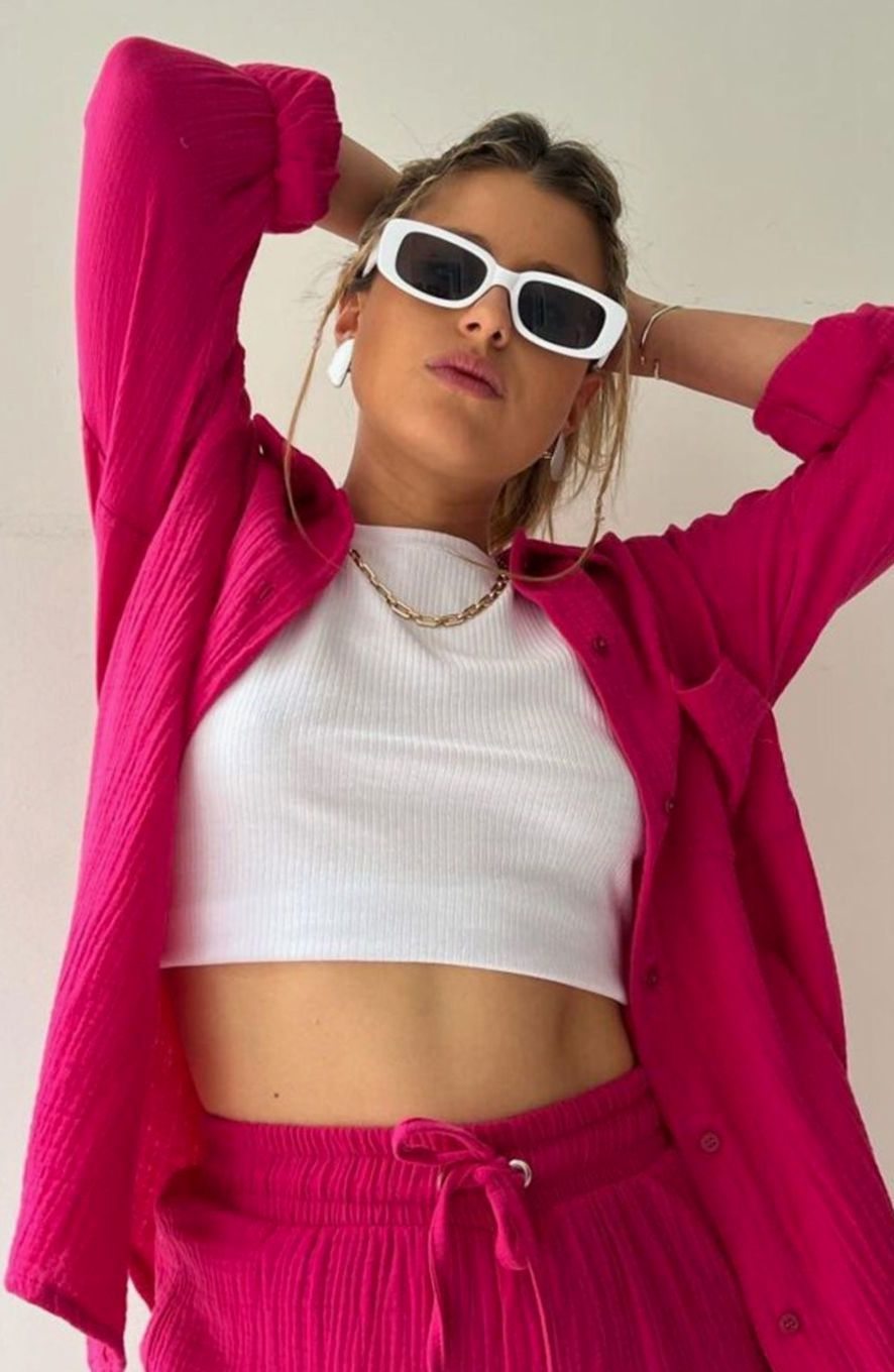 Women's Relaxed-Fit Button-Down Shirt and Shorts Set - Dark Pink