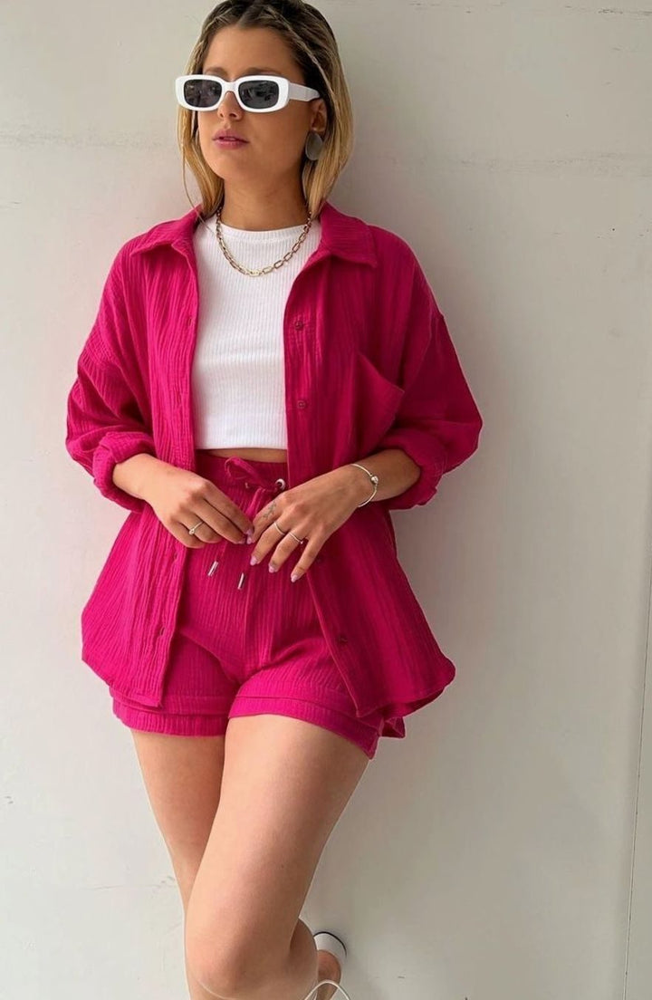 Women's Relaxed-Fit Button-Down Shirt and Shorts Set - Dark Pink