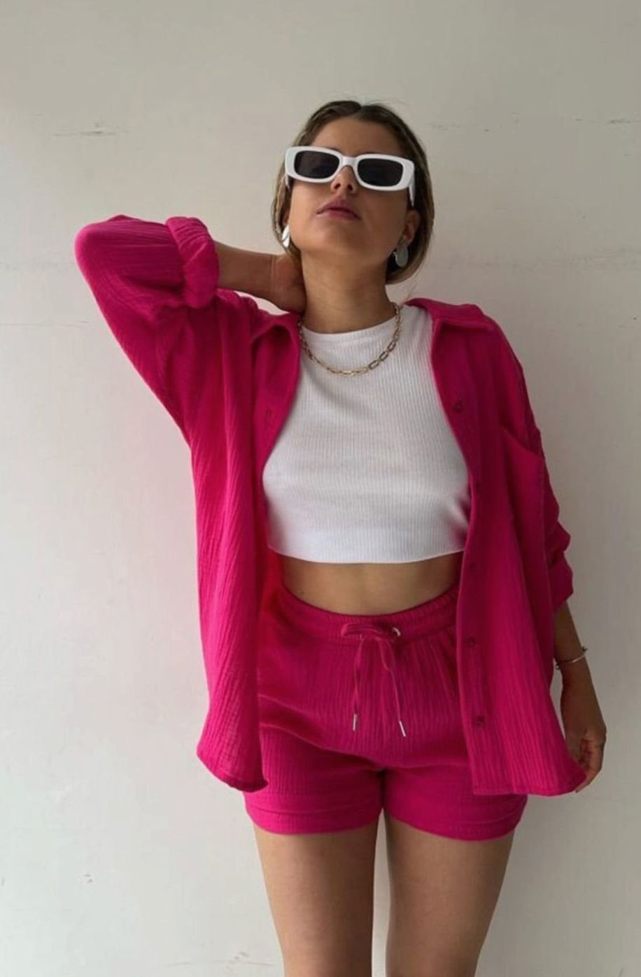Women's Relaxed-Fit Button-Down Shirt and Shorts Set - Dark Pink