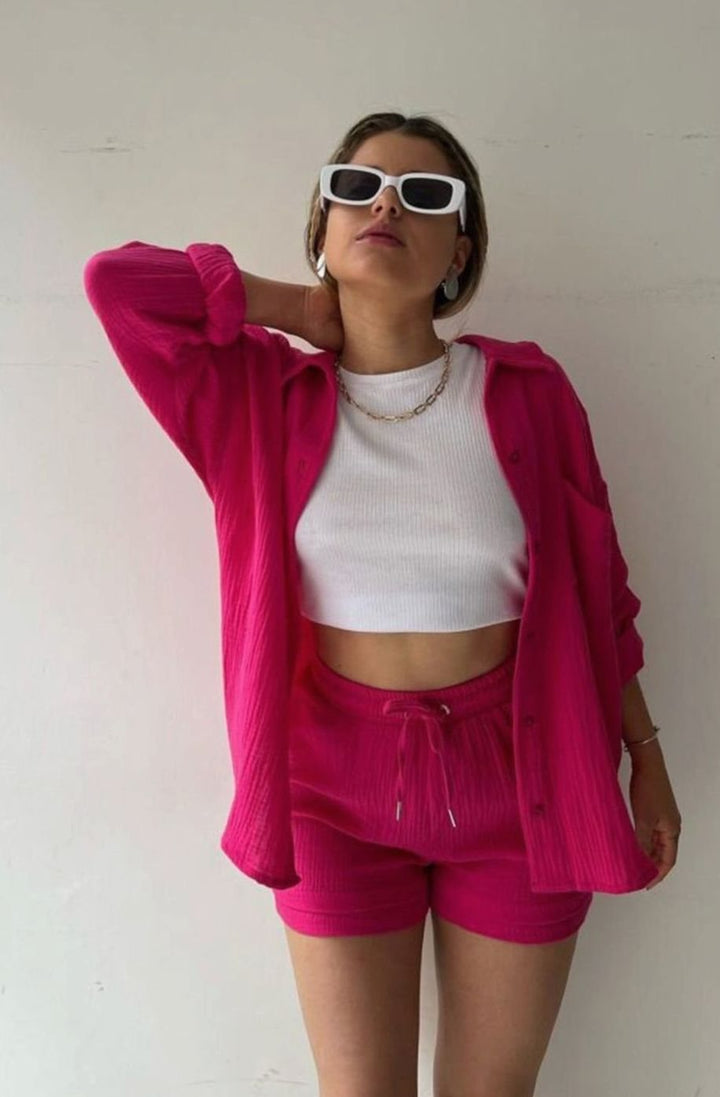 Women's Relaxed-Fit Button-Down Shirt and Shorts Set - Dark Pink