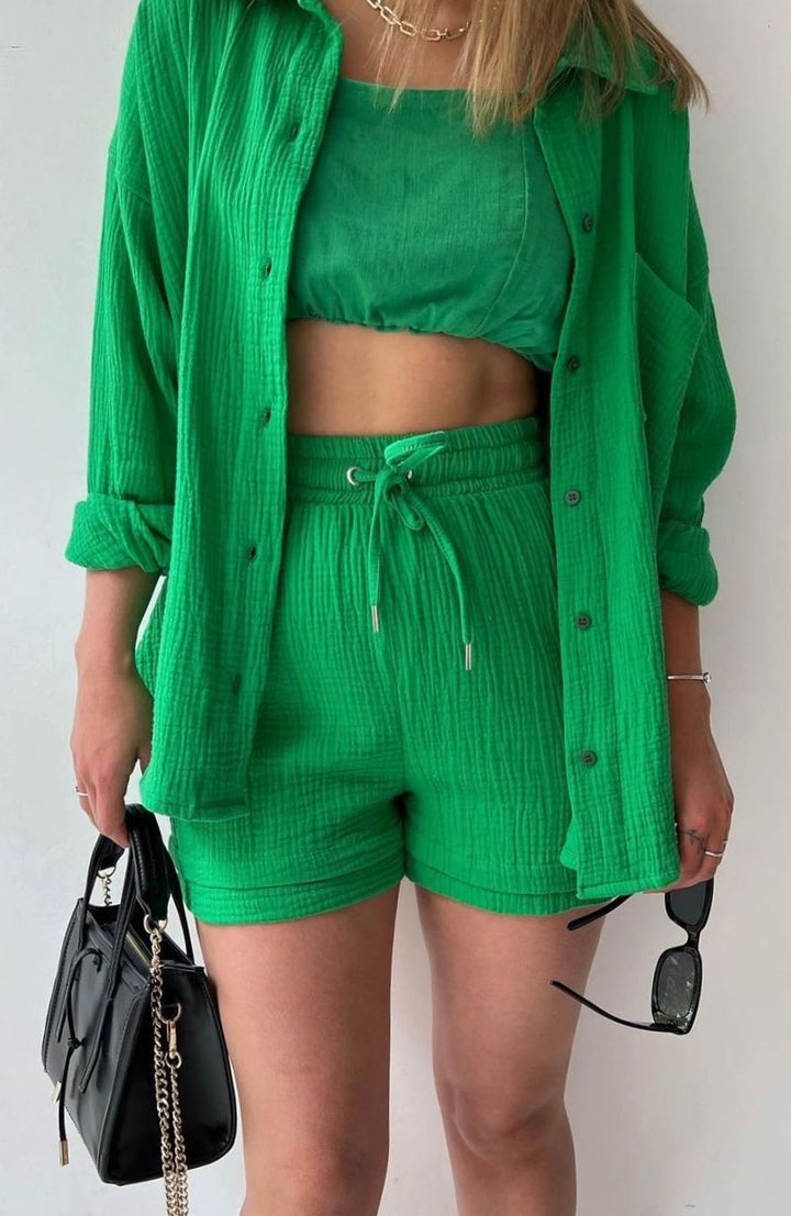 Women's Relaxed-Fit Button-Down Shirt and Shorts Set - Green