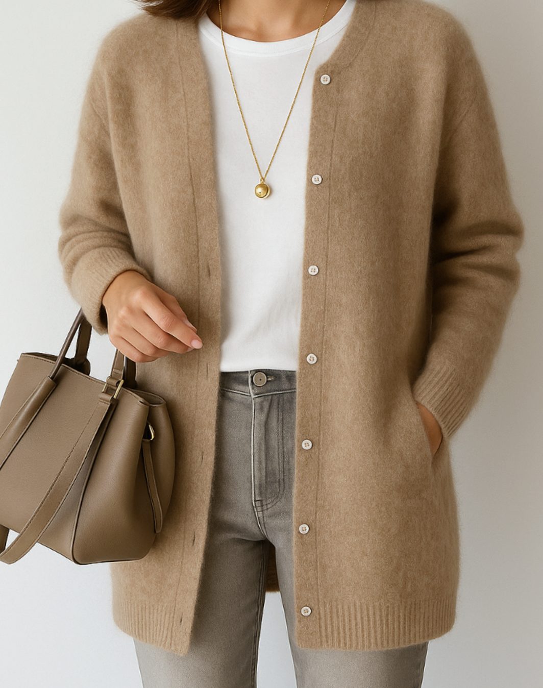 Women's Relaxed-Fit Button-Front Crew Neck Cardigan Sweater - Khaki