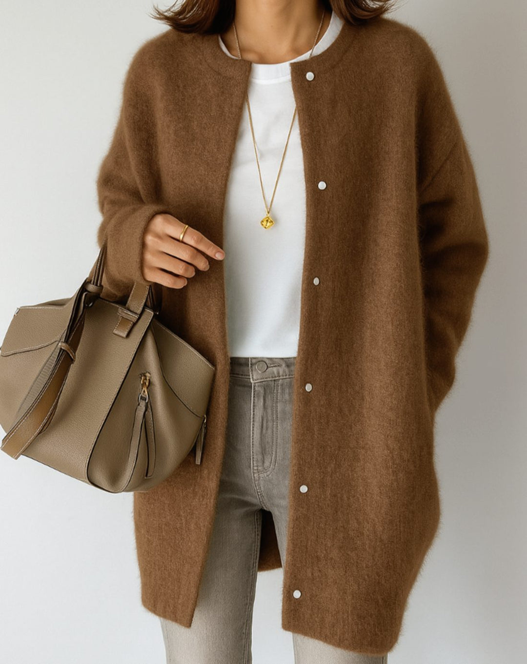 Women's Relaxed-Fit Button-Front Crew Neck Cardigan Sweater - Caramel