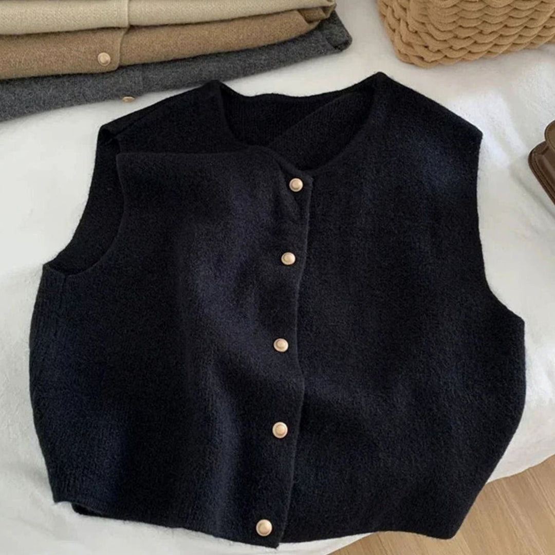 Women's Relaxed-Fit Button-Front Knit Sleeveless Casual Vest - Black