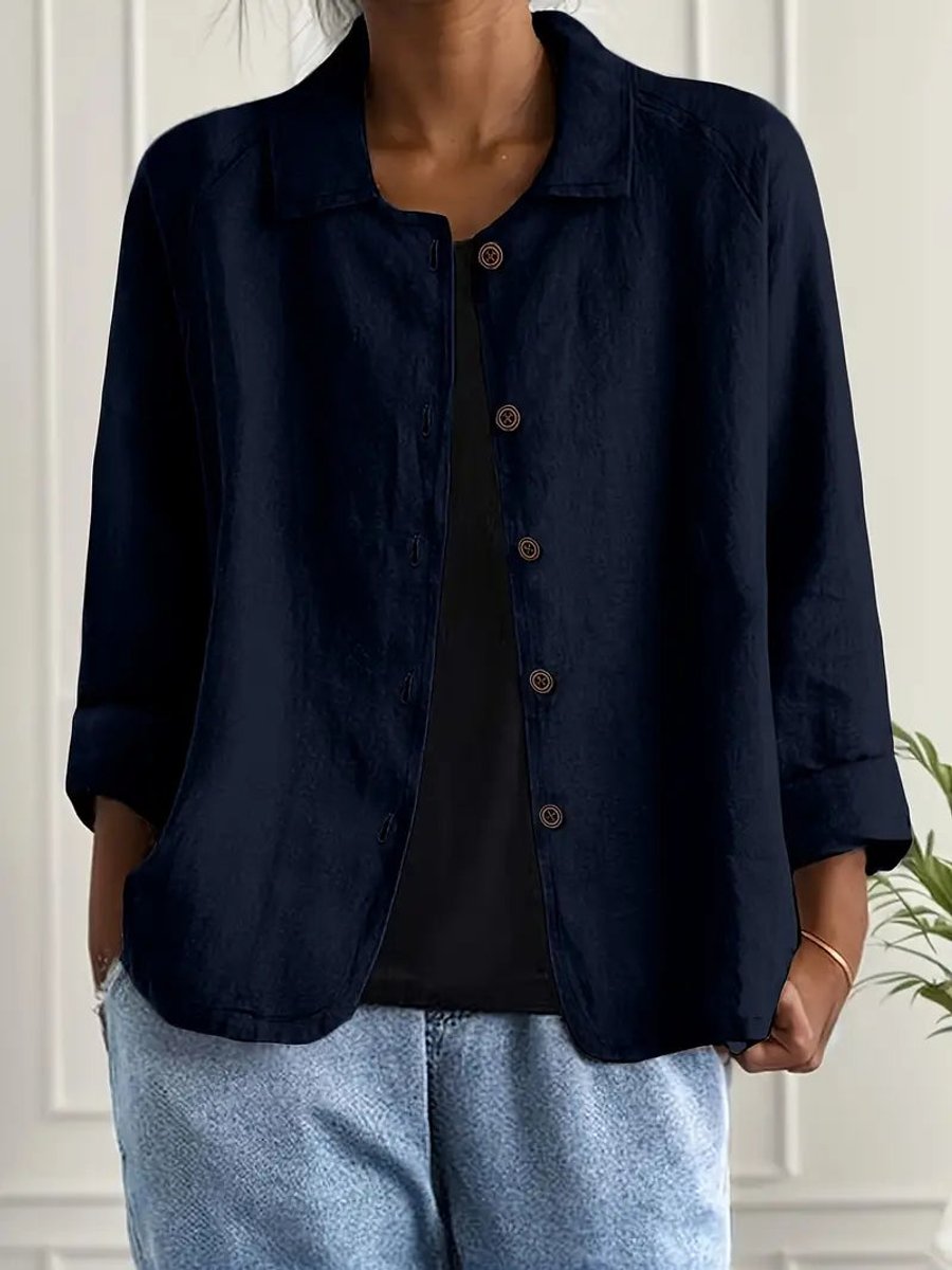 Women's Relaxed-Fit Button-Front Lightweight Linen-Look Shirt - Dark Blue