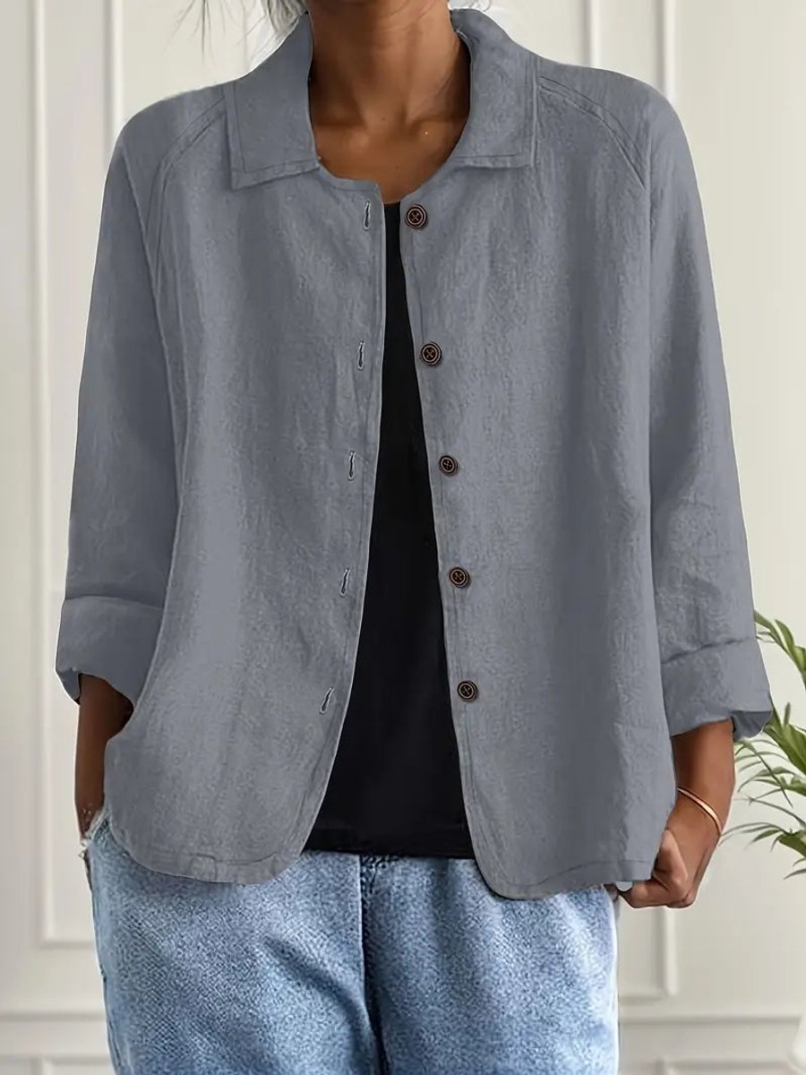 Women's Relaxed-Fit Button-Front Lightweight Linen-Look Shirt - Gray