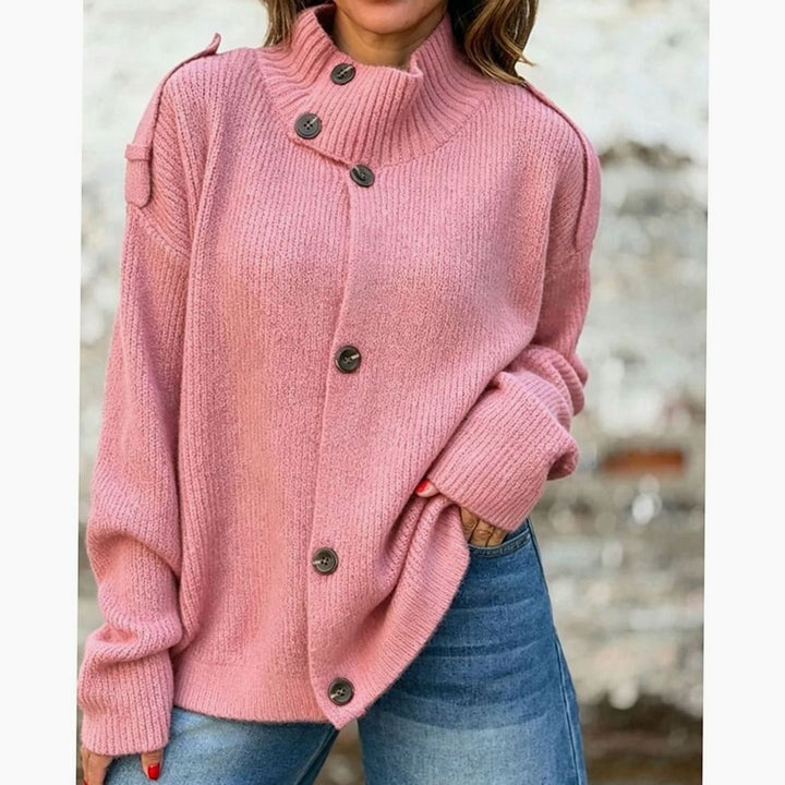 Women's Relaxed-Fit Button-Front Mock Neck Knit Cardigan - Pink