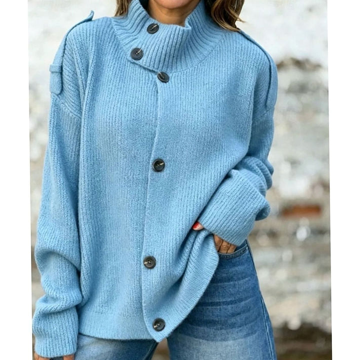 Women's Relaxed-Fit Button-Front Mock Neck Knit Cardigan - Blue