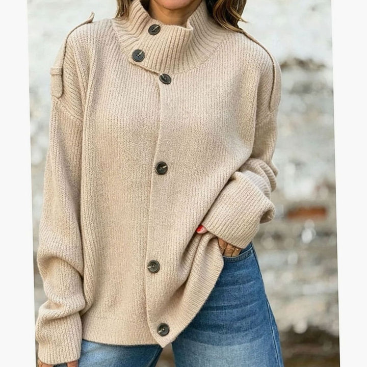 Women's Relaxed-Fit Button-Front Mock Neck Knit Cardigan - Apricot