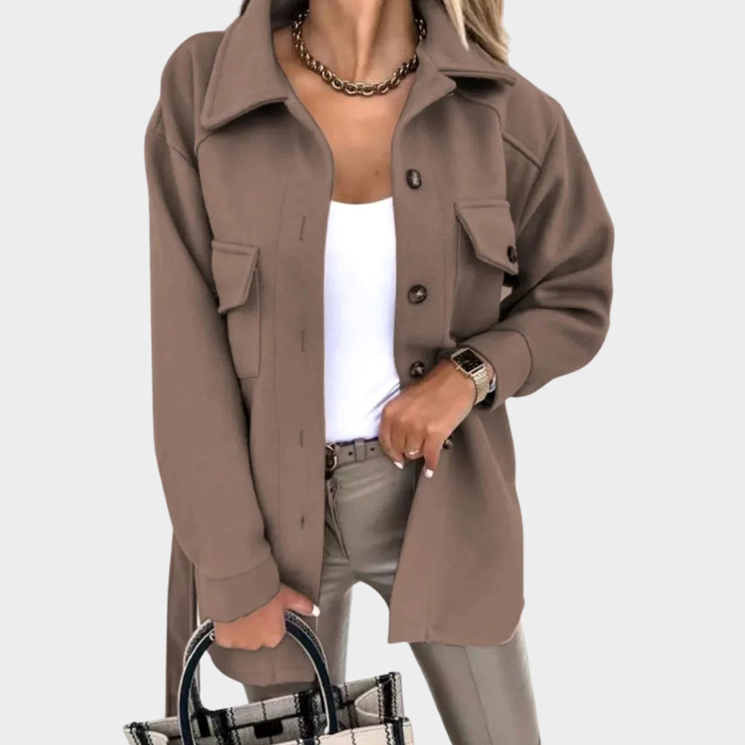 Women's Relaxed-Fit Button-Up Shacket Jacket Dual Pockets - Brown