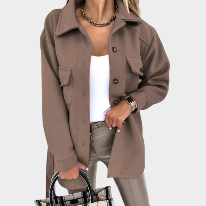 Women's Relaxed-Fit Button-Up Shacket Jacket Dual Pockets - Brown