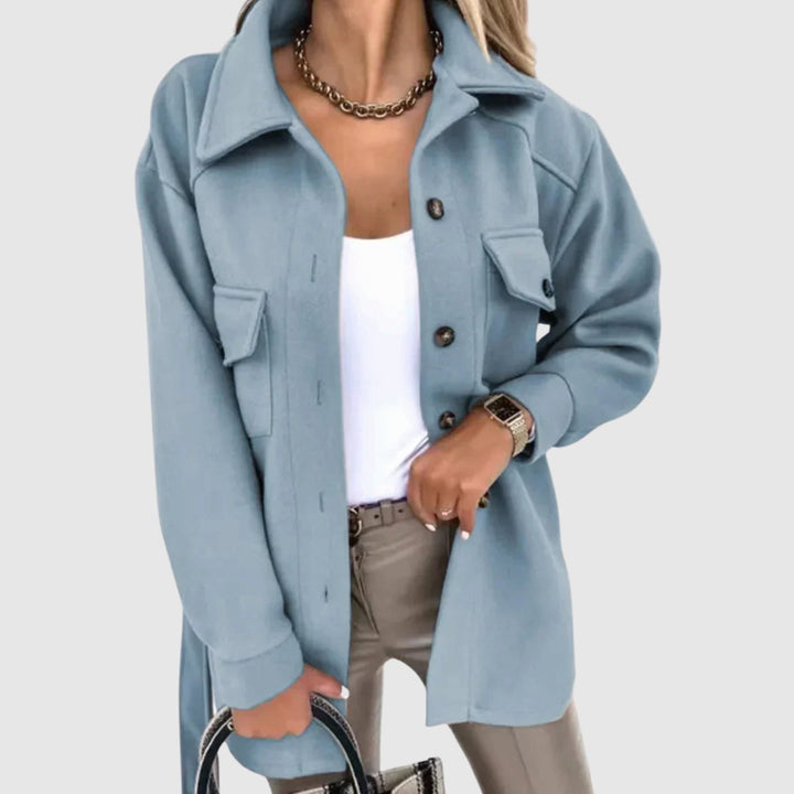 Women's Relaxed-Fit Button-Up Shacket Jacket Dual Pockets - Blue