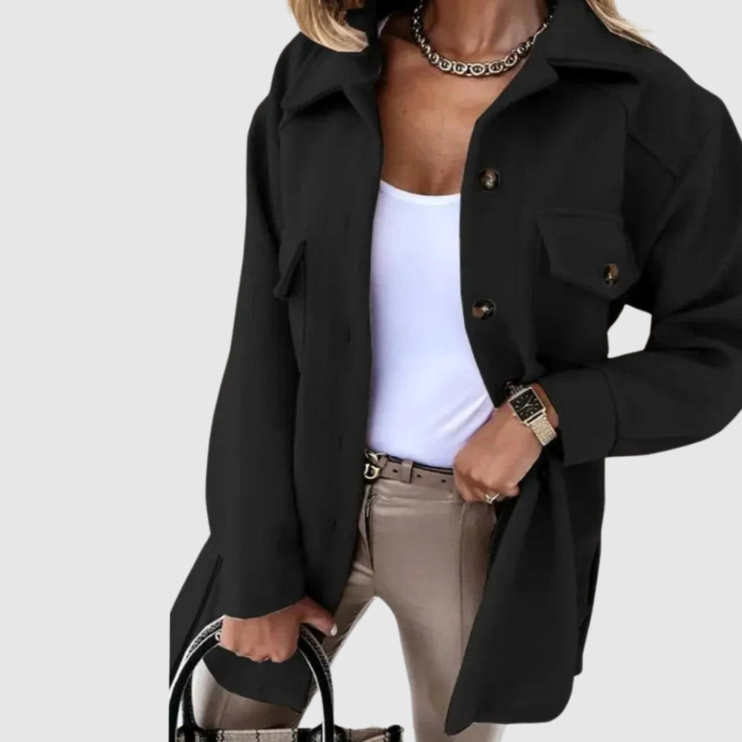 Women's Relaxed-Fit Button-Up Shacket Jacket Dual Pockets - Black