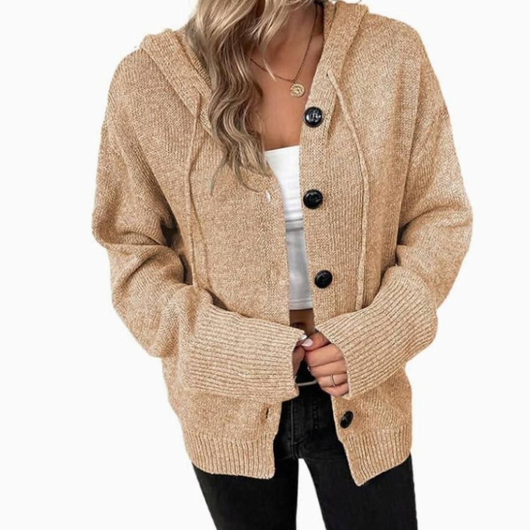 Women's Relaxed-Fit Button-Up Winter Hooded Cardigan Sweater - Khaki