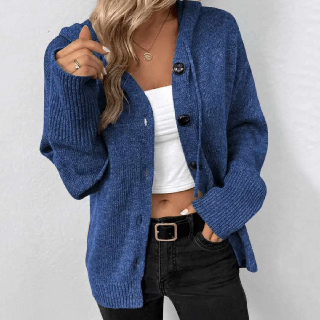 Women's Relaxed-Fit Button-Up Winter Hooded Cardigan Sweater - Blue