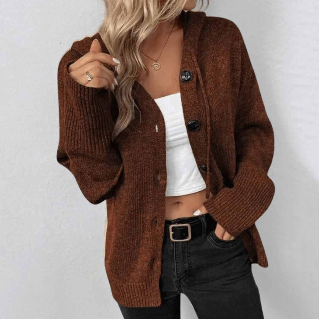 Women's Relaxed-Fit Button-Up Winter Hooded Cardigan Sweater - Brown