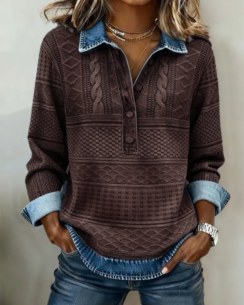 Women's Relaxed-Fit Cable-Knit Half-Button Collar Sweater - Coffee