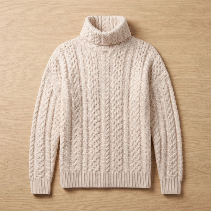 Women's Relaxed-Fit Cashmere Cable-Knit Turtleneck Sweater - Beige