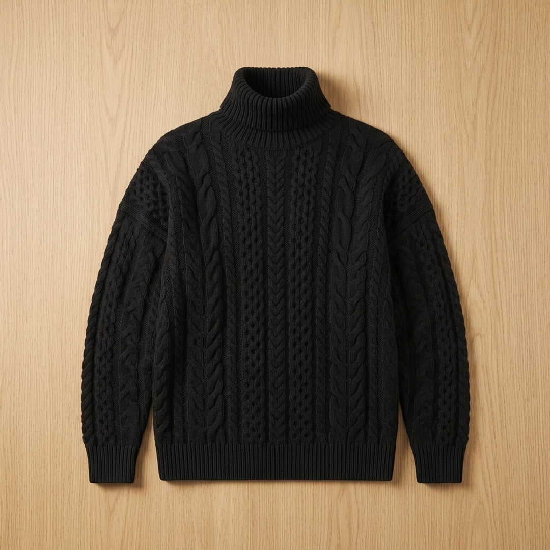 Women's Relaxed-Fit Cashmere Cable-Knit Turtleneck Sweater - Black