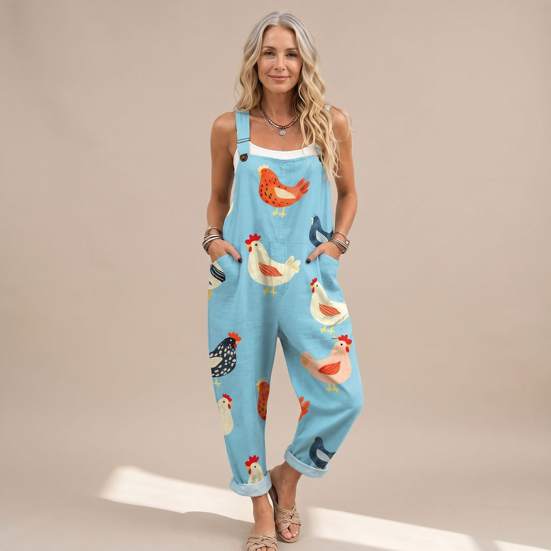 Women's Relaxed-Fit Chicken Print Adjustable Strap Jumpsuit
