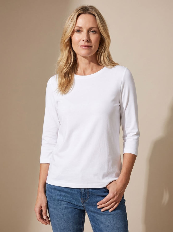 Women's Relaxed-Fit Crew-Neck 3/4 Sleeve Casual Top - White