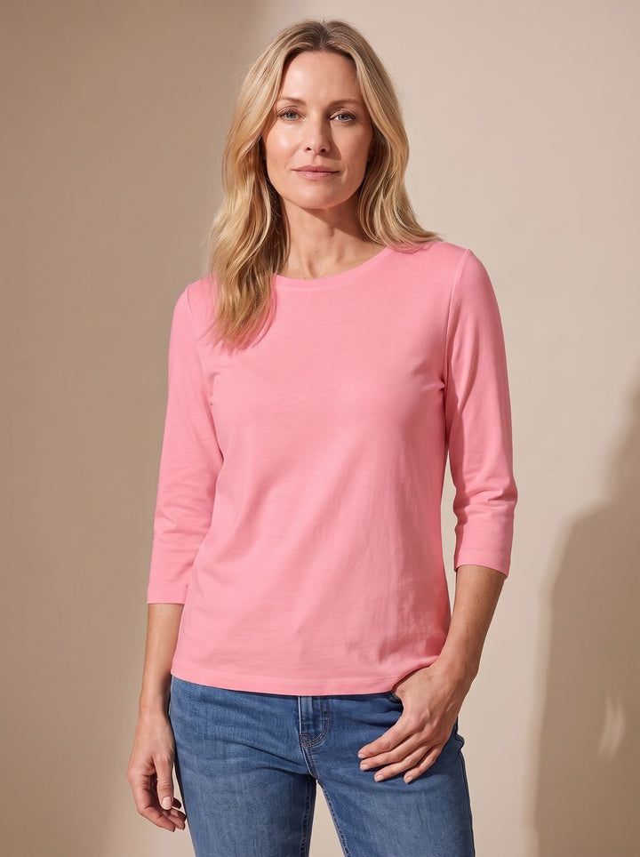 Women's Relaxed-Fit Crew-Neck 3/4 Sleeve Casual Top - Pink