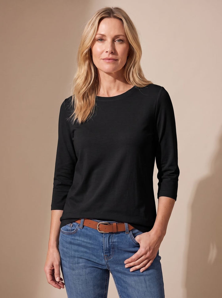 Women's Relaxed-Fit Crew-Neck 3/4 Sleeve Casual Top - Black