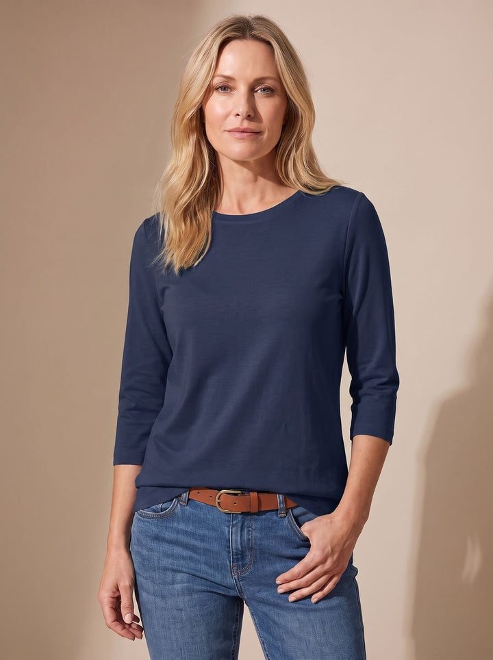 Women's Relaxed-Fit Crew-Neck 3/4 Sleeve Casual Top - Navy