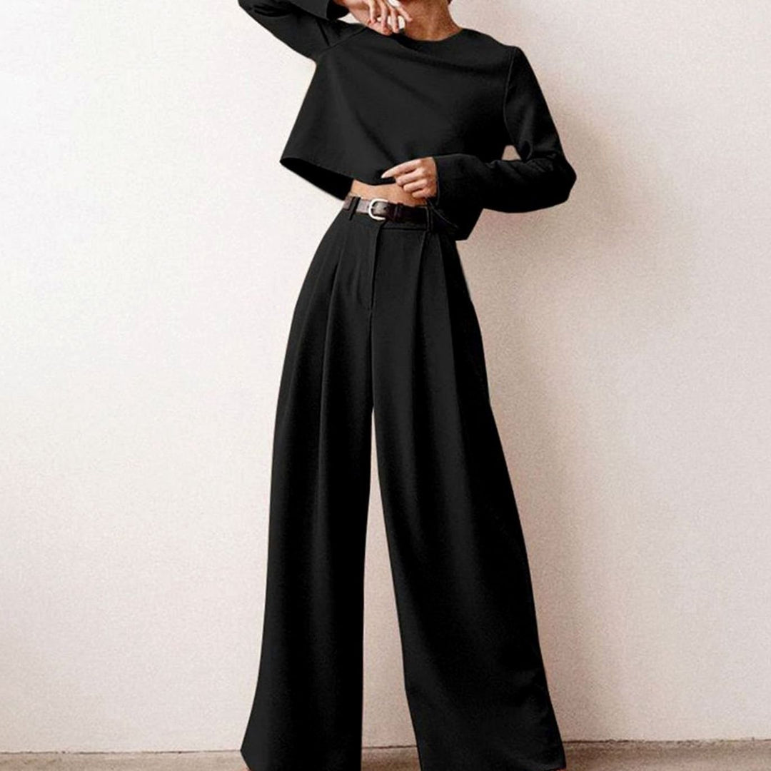 Women's Relaxed-Fit Cropped Top Wide-Leg Pants Outfit Set - Black