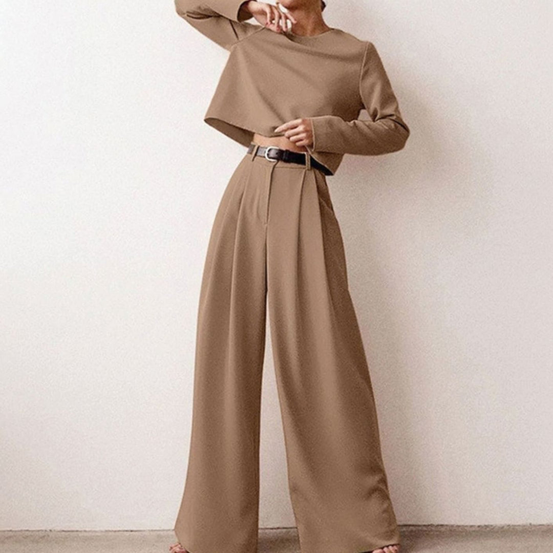 Women's Relaxed-Fit Cropped Top Wide-Leg Pants Outfit Set - Khaki