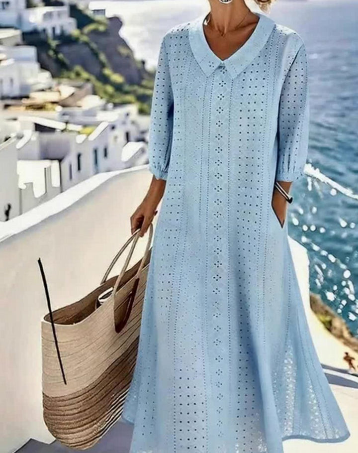 Women's Relaxed-Fit Eyelet Hollow-Detail Midi Dress - Blue