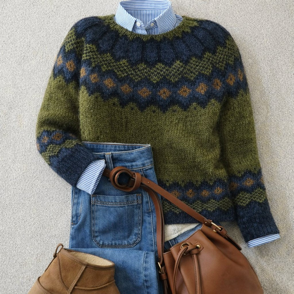 Women's Relaxed-Fit Fair Isle Nordic Knit Crewneck Sweater - Green