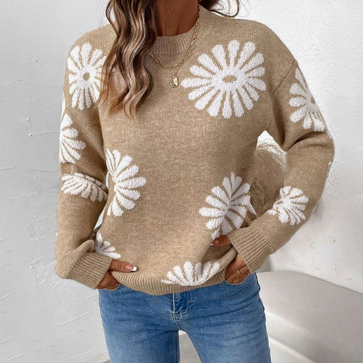 Women's Relaxed-Fit Floral Knit Crewneck Pullover Sweater
