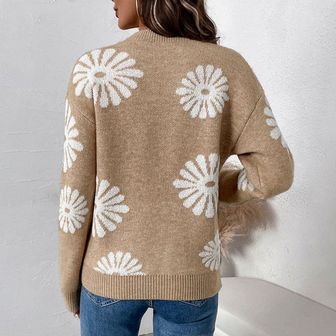 Women's Relaxed-Fit Floral Knit Crewneck Pullover Sweater