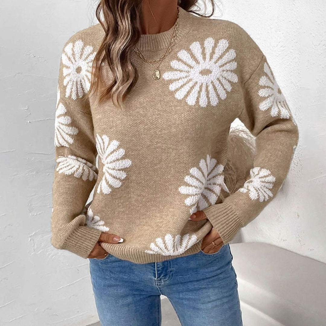 Women's Relaxed-Fit Floral Knit Crewneck Pullover Sweater - Khaki