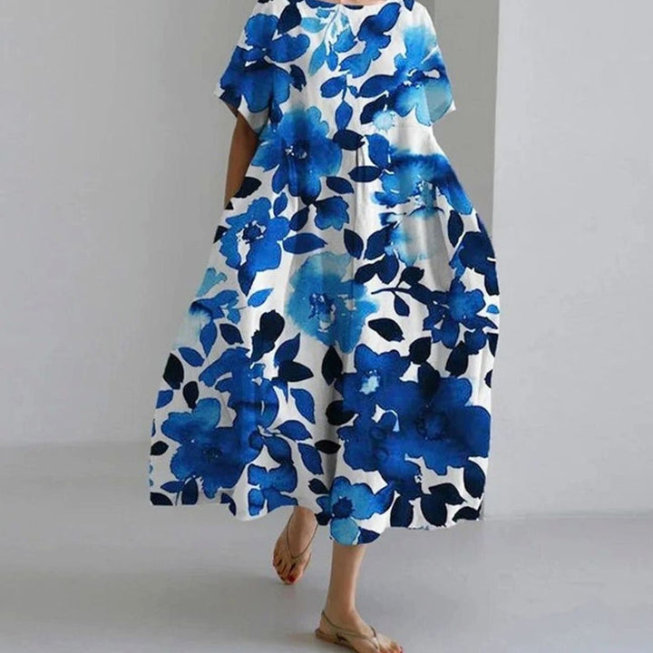 Women's Relaxed-Fit Floral Print Short-Sleeve Midi Dress - Blue
