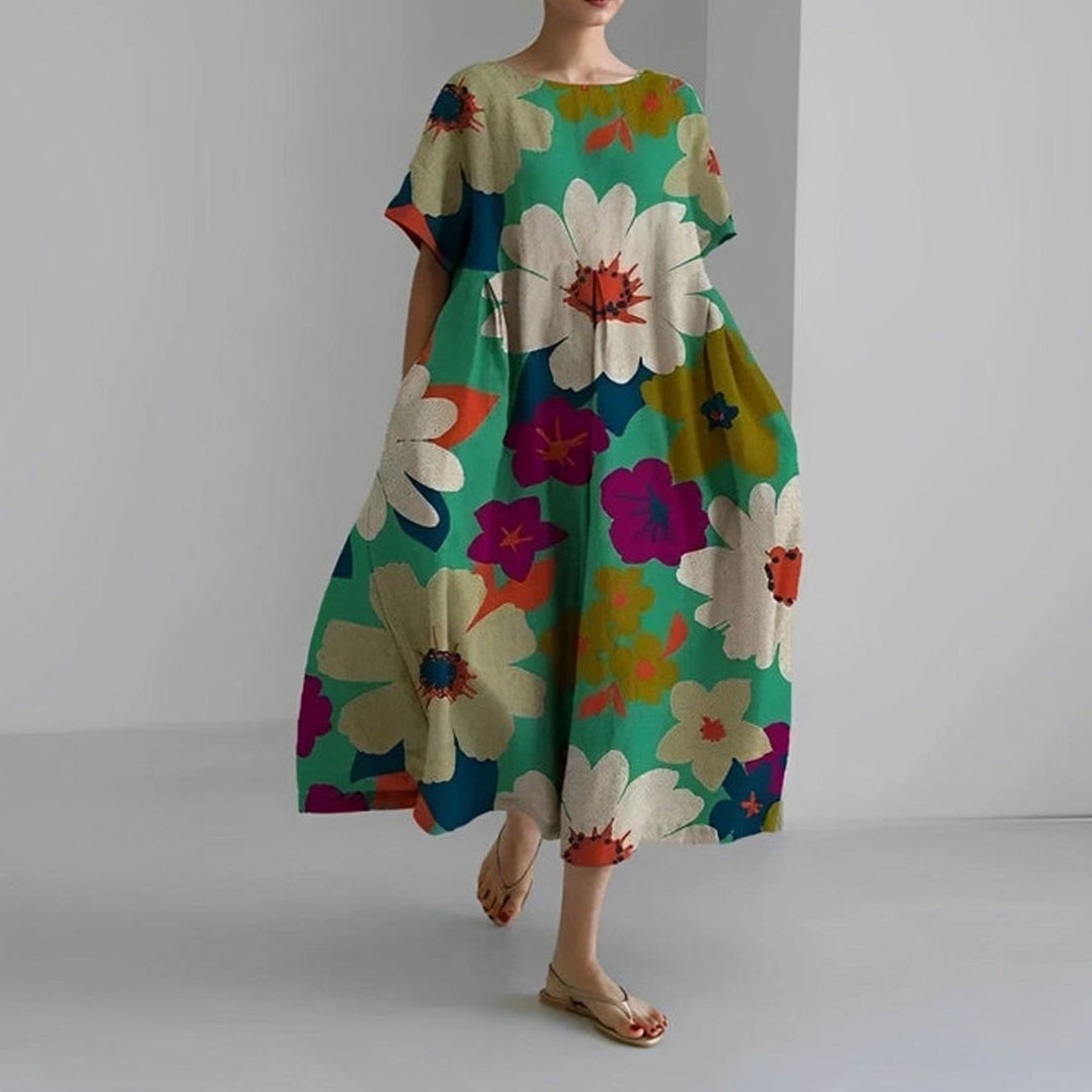 Women's Relaxed-Fit Floral Print Short-Sleeve Midi Dress - Green