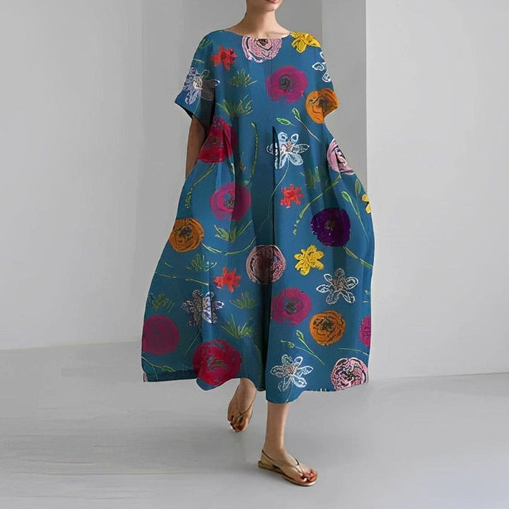 Women's Relaxed-Fit Floral Print Short-Sleeve Midi Dress - Dark Blue Roses