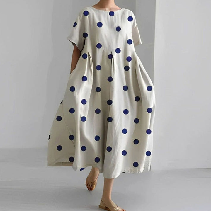 Women's Relaxed-Fit Floral Print Short-Sleeve Midi Dress - White Blue Dots